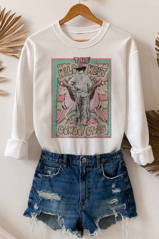 Model wearing Bellem Trading’s grey Wild West Cowboy plus size graphic sweatshirt, premium cotton, western motif.