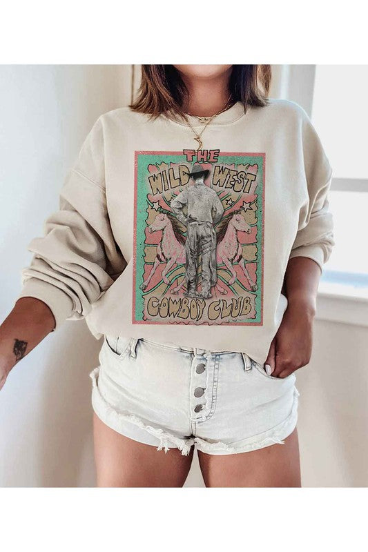 Model wearing Bellem Trading’s grey Wild West Cowboy plus size graphic sweatshirt, premium cotton, western motif.
