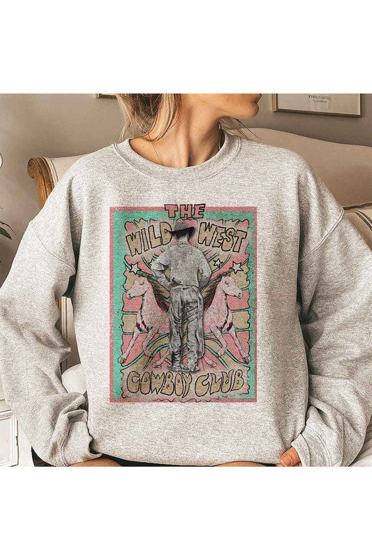 Model wearing Bellem Trading’s grey Wild West Cowboy plus size graphic sweatshirt, premium cotton, western motif.