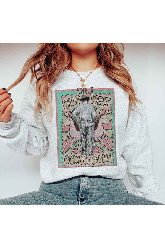 Model wearing Bellem Trading’s grey Wild West Cowboy plus size graphic sweatshirt, premium cotton, western motif.