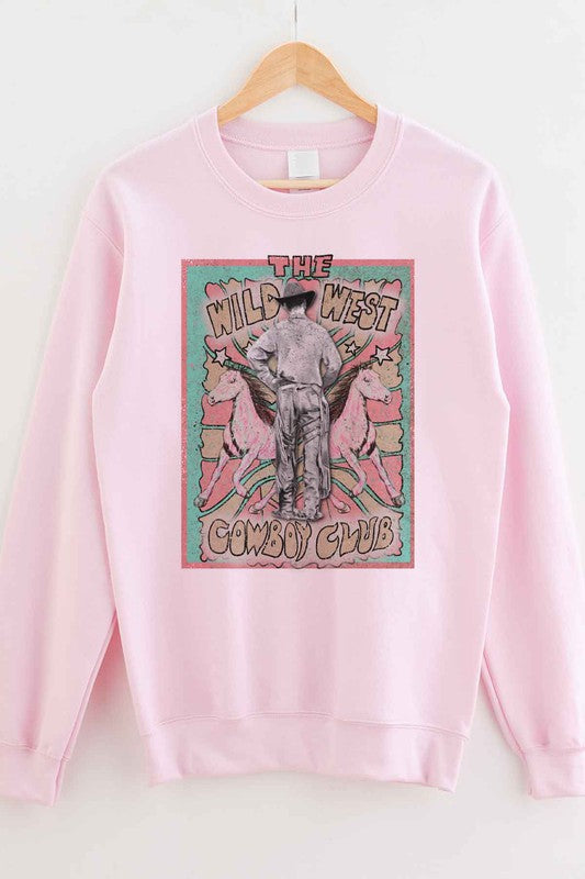 Model wearing Bellem Trading’s grey Wild West Cowboy plus size graphic sweatshirt, premium cotton, western motif.