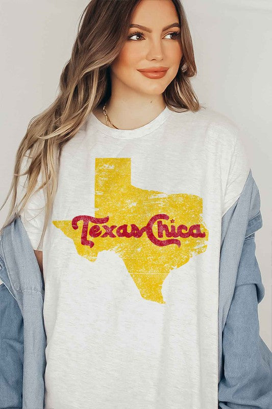 Model wearing Bellem Trading’s ivory Texas Chica plus size graphic tee, premium cotton, southern graphic.