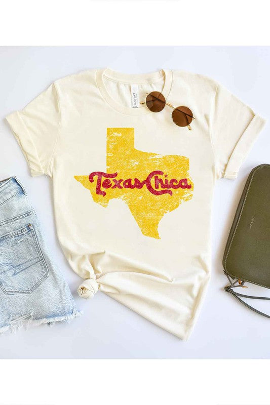 Model wearing Bellem Trading’s ivory Texas Chica plus size graphic tee, premium cotton, southern graphic.