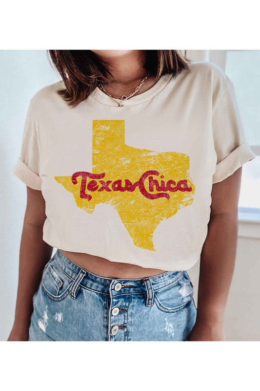 Model wearing Bellem Trading’s ivory Texas Chica plus size graphic tee, premium cotton, southern graphic.