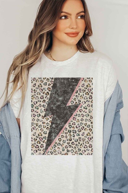 Model wearing Bellem Trading’s ivory Leopard Lightning plus size graphic tee, premium cotton, bold leopard graphic.