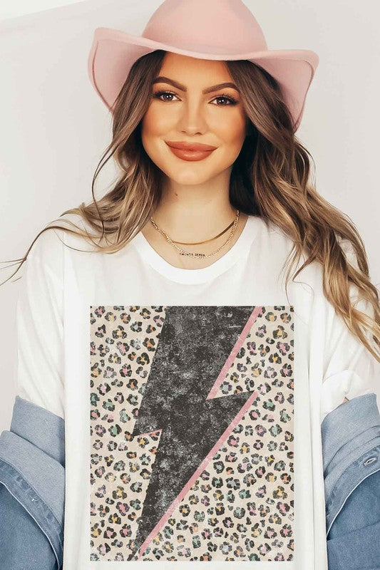 Model wearing Bellem Trading’s ivory Leopard Lightning plus size graphic tee, premium cotton, bold leopard graphic.