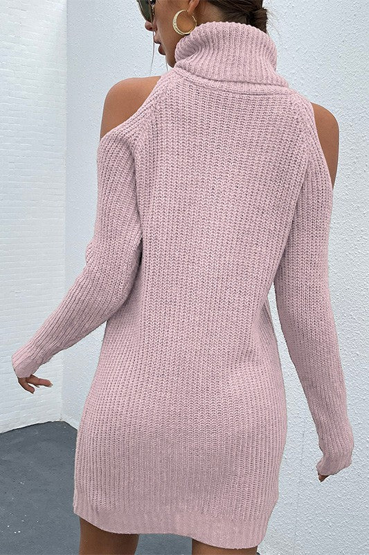 Pink Black Turtleneck Cold-Shoulder Sweater Dress for Women | Bellem Trading - Bellem Trading