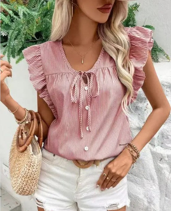 Striped Ruffle Tie Front Blouse for Women | Bellem Trading - Bellem Trading