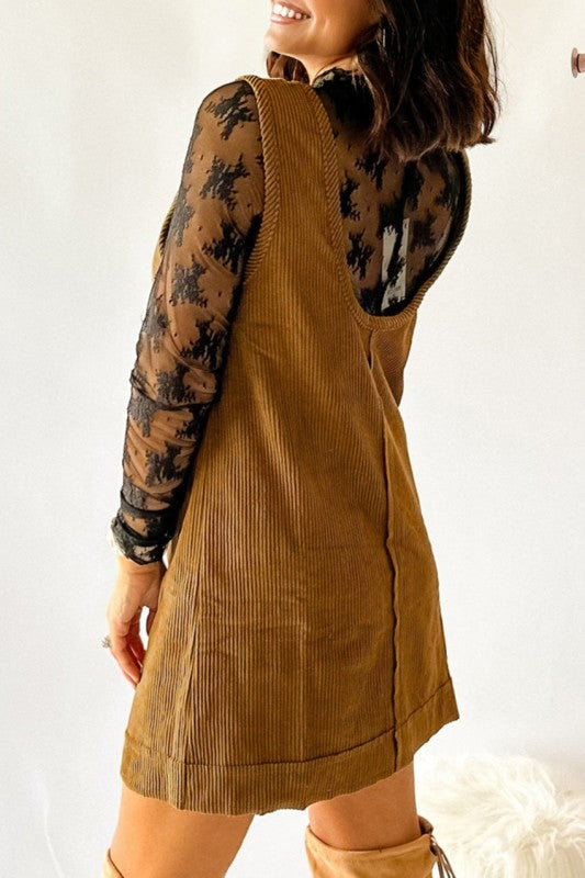 Beige corduroy sleeveless mini dress with vintage patch pockets, Bellem Trading women’s fall fashion