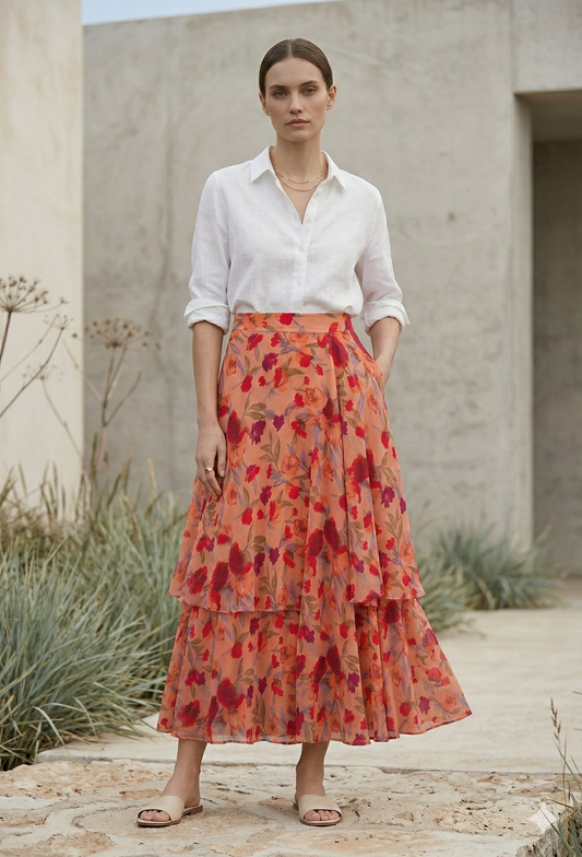 Model wearing a floral maxi skirt from Bellem Trading