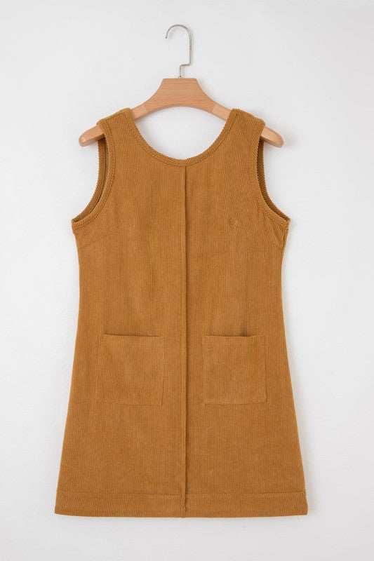Beige corduroy sleeveless mini dress with vintage patch pockets, Bellem Trading women’s fall fashion