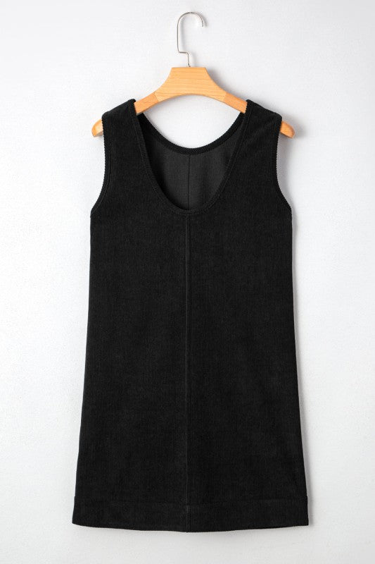 Black corduroy sleeveless mini dress with vintage patch pockets, Bellem Trading women’s fall fashion