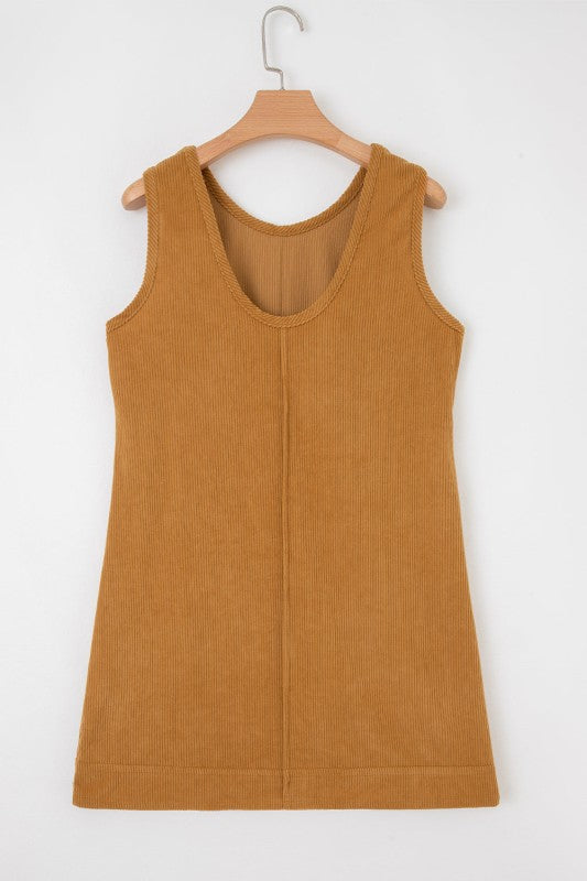 Beige corduroy sleeveless mini dress with vintage patch pockets, Bellem Trading women’s fall fashion