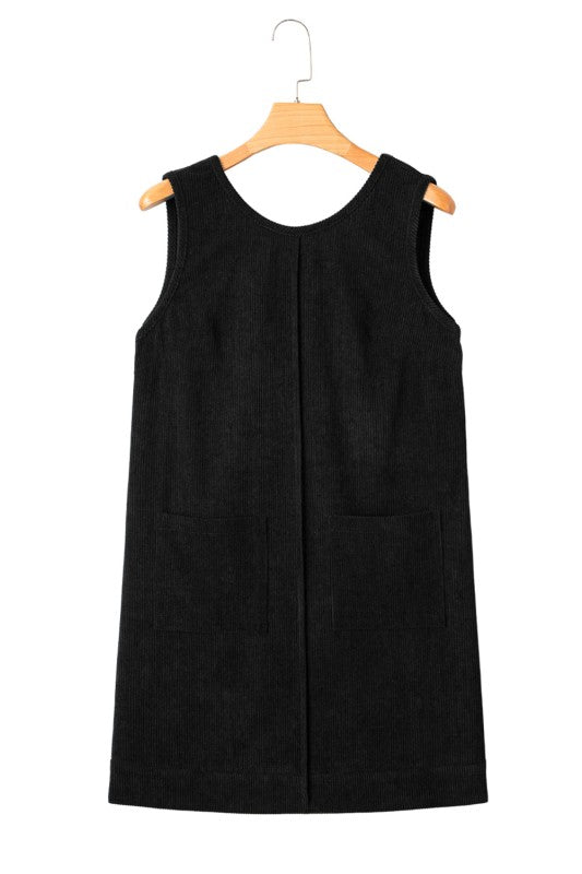 Black corduroy sleeveless mini dress with vintage patch pockets, Bellem Trading women’s fall fashion