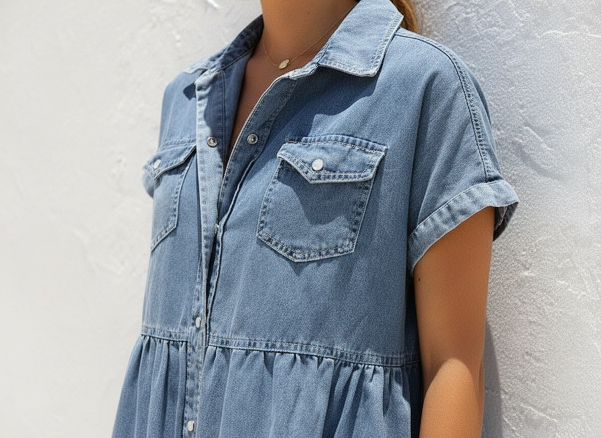 The Curator Denim Midi | Structured Tiered Staple