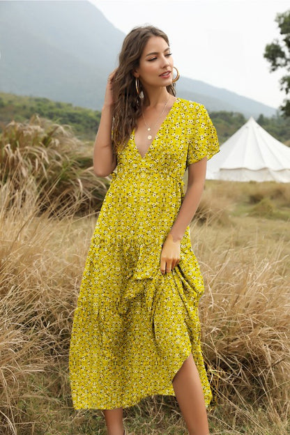 V Neck Floral Tiered Midi Dress for Women | Bellem Trading - Bellem Trading