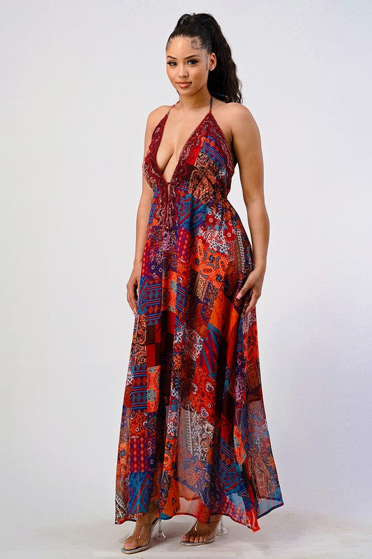 Bohemian Print Sequin Lace Trim Maxi Sequin Dress for Women | Bellem Trading - Bellem Trading