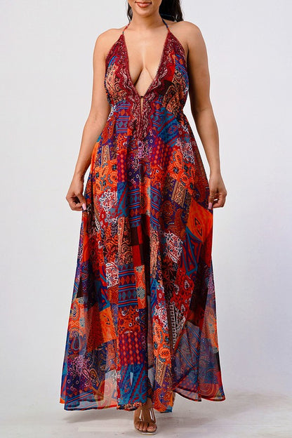 Bohemian Print Sequin Lace Trim Maxi Sequin Dress for Women | Bellem Trading - Bellem Trading