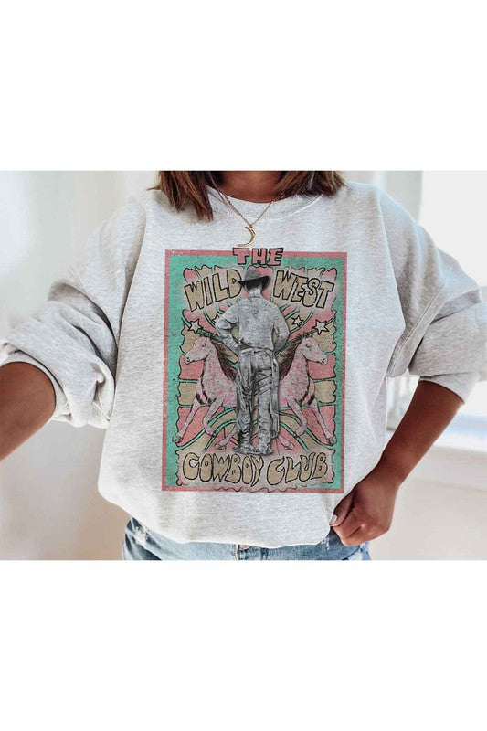 Model wearing Bellem Trading’s grey Wild West Cowboy plus size graphic sweatshirt, premium cotton, western motif.