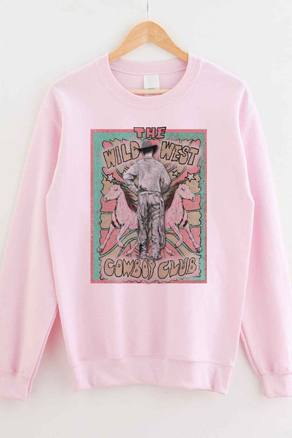Model wearing Bellem Trading’s grey Wild West Cowboy plus size graphic sweatshirt, premium cotton, western motif.