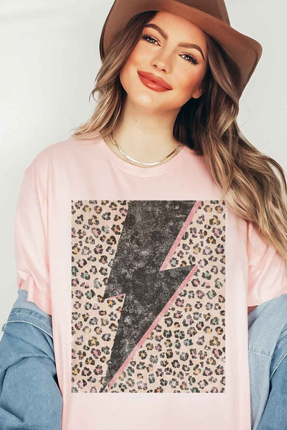 Model wearing Bellem Trading’s ivory Leopard Lightning plus size graphic tee, premium cotton, bold leopard graphic.