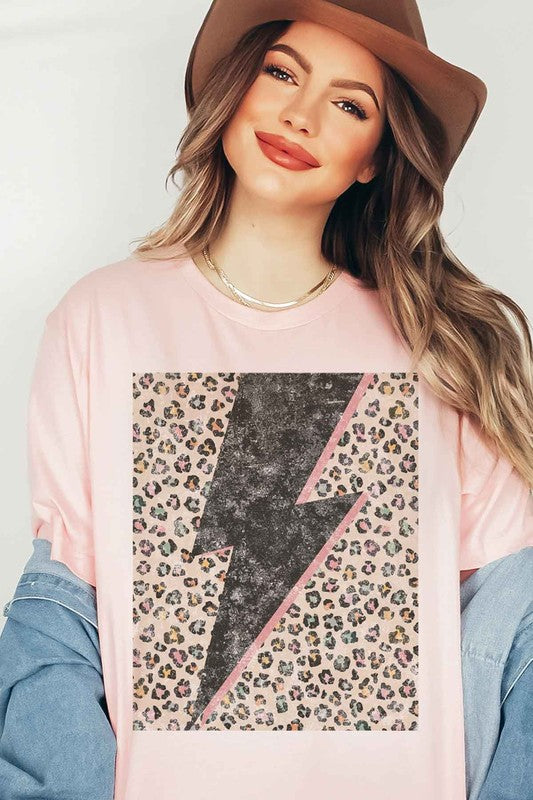 Model wearing Bellem Trading’s ivory Leopard Lightning plus size graphic tee, premium cotton, bold leopard graphic.