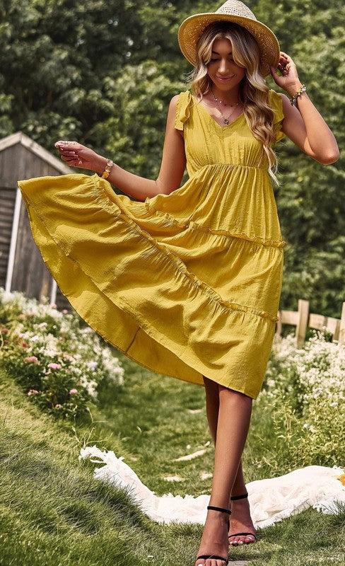 Tiered V Neck Midi Dress with Ties for Women | Bellem Trading - Bellem Trading