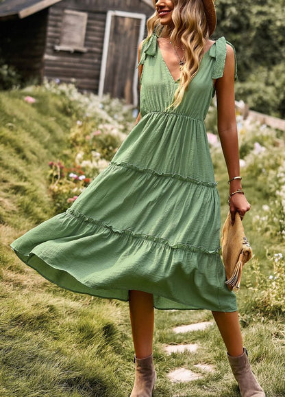 Tiered V Neck Midi Dress with Ties for Women | Bellem Trading - Bellem Trading