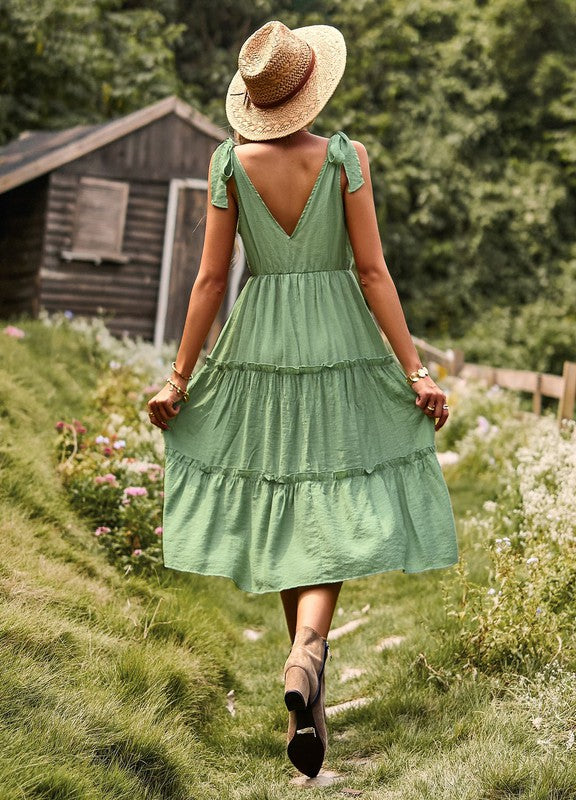 Tiered V Neck Midi Dress with Ties for Women | Bellem Trading - Bellem Trading