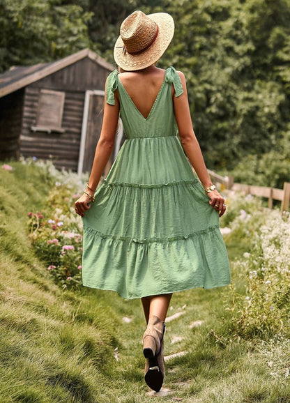 Tiered V Neck Midi Dress with Ties for Women | Bellem Trading - Bellem Trading