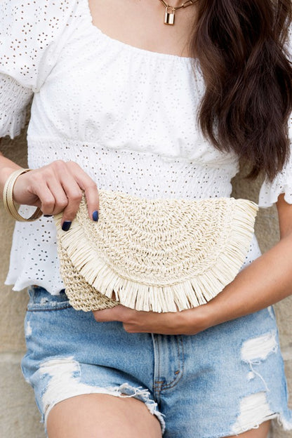 Frayed Fold-over Straw Clutch - Elegant Women's Clutch by Bellem Trading