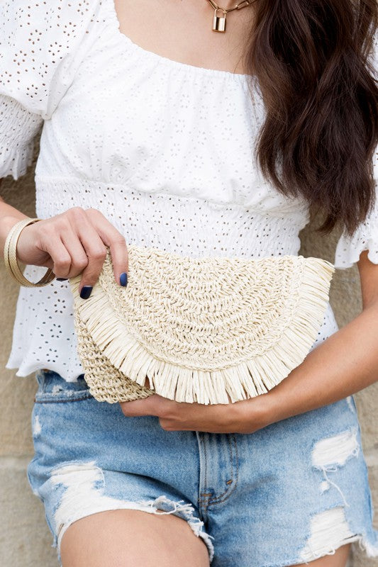 Frayed Fold-over Straw Clutch - Elegant Women's Clutch by Bellem Trading
