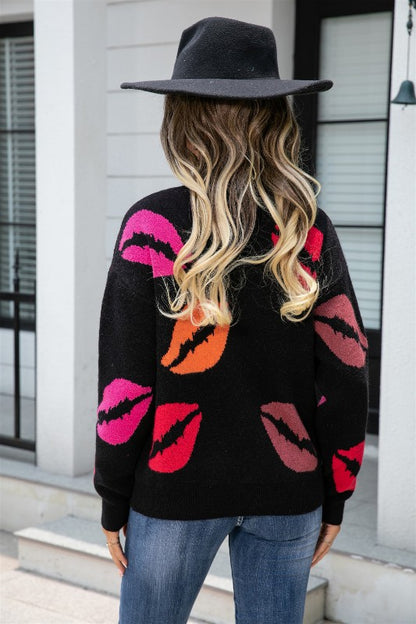 Playful Lips V-Neck Knit Sweater | Bellem Trading - Bellem Trading