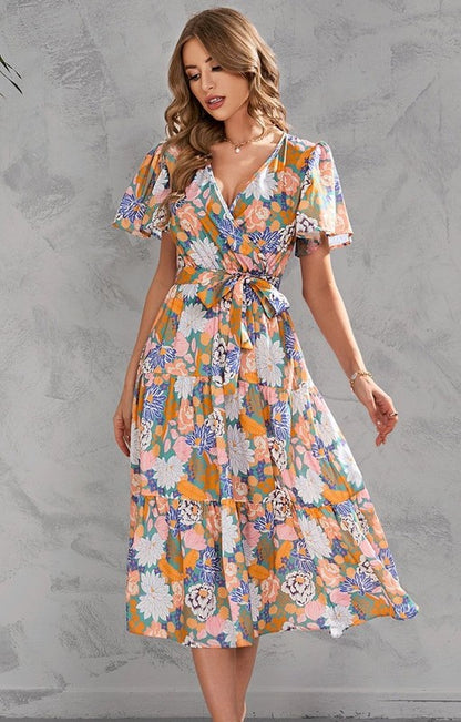 V-neck Floral Tiered Midi Dress for Women | Bellem Trading - Bellem Trading