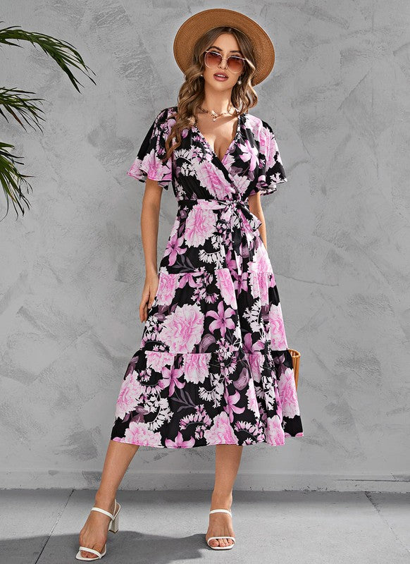 V-neck Floral Tiered Midi Dress for Women | Bellem Trading - Bellem Trading
