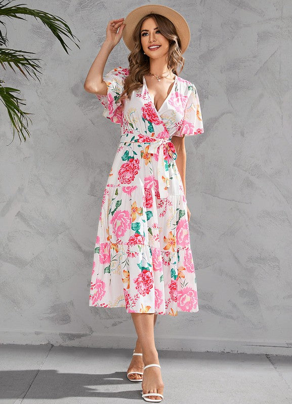V-neck Floral Tiered Midi Dress for Women | Bellem Trading - Bellem Trading