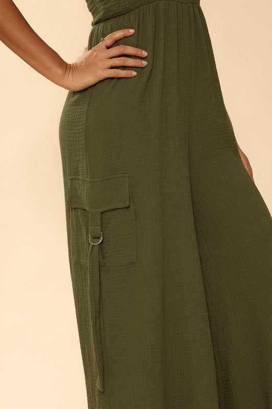 Trendy Smocked Wide Leg Cargo Jumpsuit | Bellem Trading - Bellem Trading