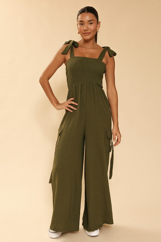 Trendy Smocked Wide Leg Cargo Jumpsuit | Bellem Trading - Bellem Trading