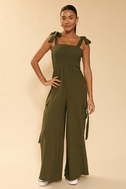 Trendy Smocked Wide Leg Cargo Jumpsuit | Bellem Trading - Bellem Trading