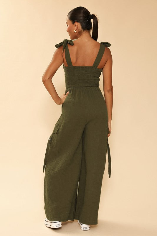 Trendy Smocked Wide Leg Cargo Jumpsuit | Bellem Trading - Bellem Trading