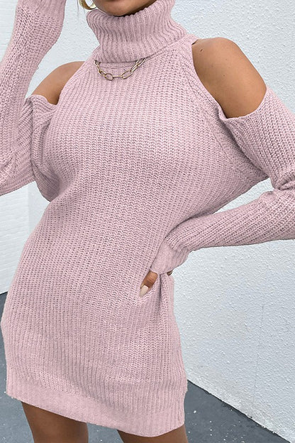 Pink Black Turtleneck Cold-Shoulder Sweater Dress for Women | Bellem Trading - Bellem Trading