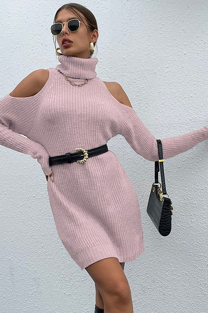 Pink Black Turtleneck Cold-Shoulder Sweater Dress for Women | Bellem Trading - Bellem Trading