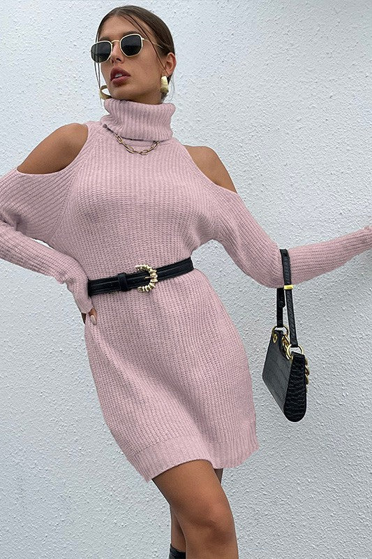 Pink Black Turtleneck Cold-Shoulder Sweater Dress for Women | Bellem Trading - Bellem Trading