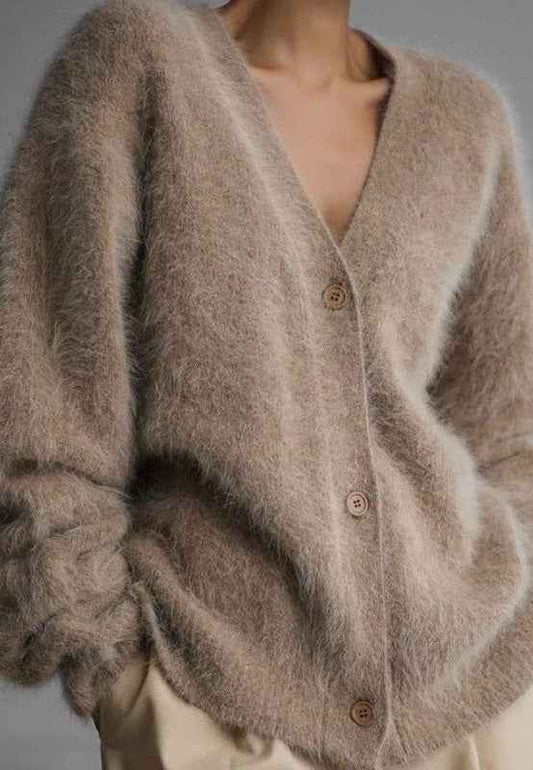 Beige Cardigan, Fuzzy Knit, Oversized Fit, Button‑Up, Women's, by Bellem Trading, Beige product image