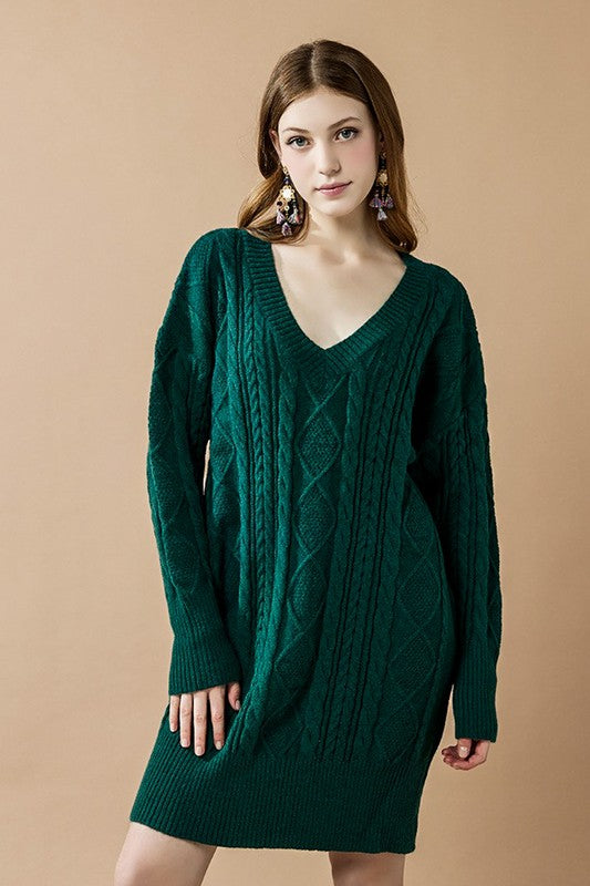 V-Neck Ribbed Hem Cable Knit Sweater Dress for Women | Bellem Trading - Bellem Trading