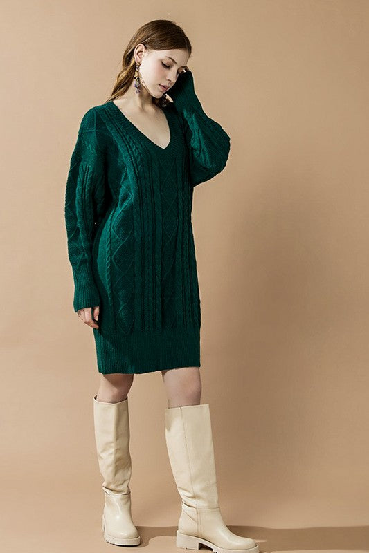 V-Neck Ribbed Hem Cable Knit Sweater Dress for Women | Bellem Trading - Bellem Trading