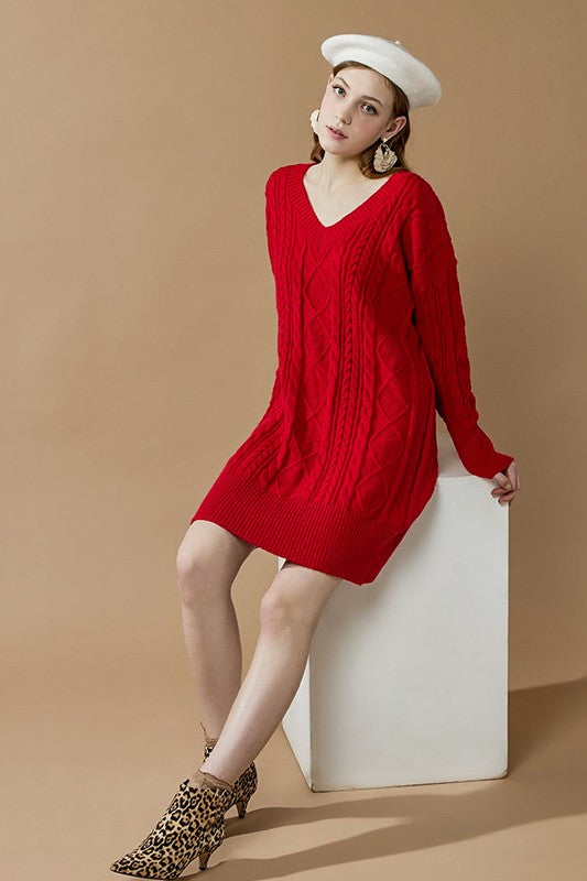 V-Neck Ribbed Hem Cable Knit Sweater Dress for Women | Bellem Trading - Bellem Trading