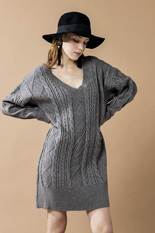 V-Neck Ribbed Hem Cable Knit Sweater Dress for Women | Bellem Trading - Bellem Trading