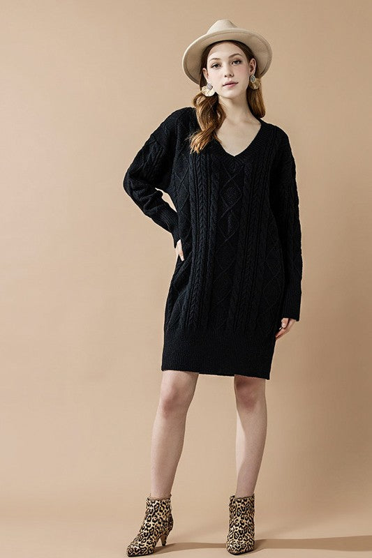 Plus V-Neck Ribbed Hem Cable Knit Sweater Dress for Women | Bellem Trading - Bellem Trading