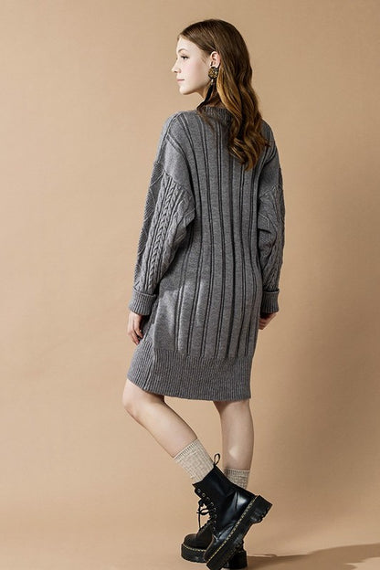 Plus V-Neck Ribbed Hem Cable Knit Sweater Dress for Women | Bellem Trading - Bellem Trading